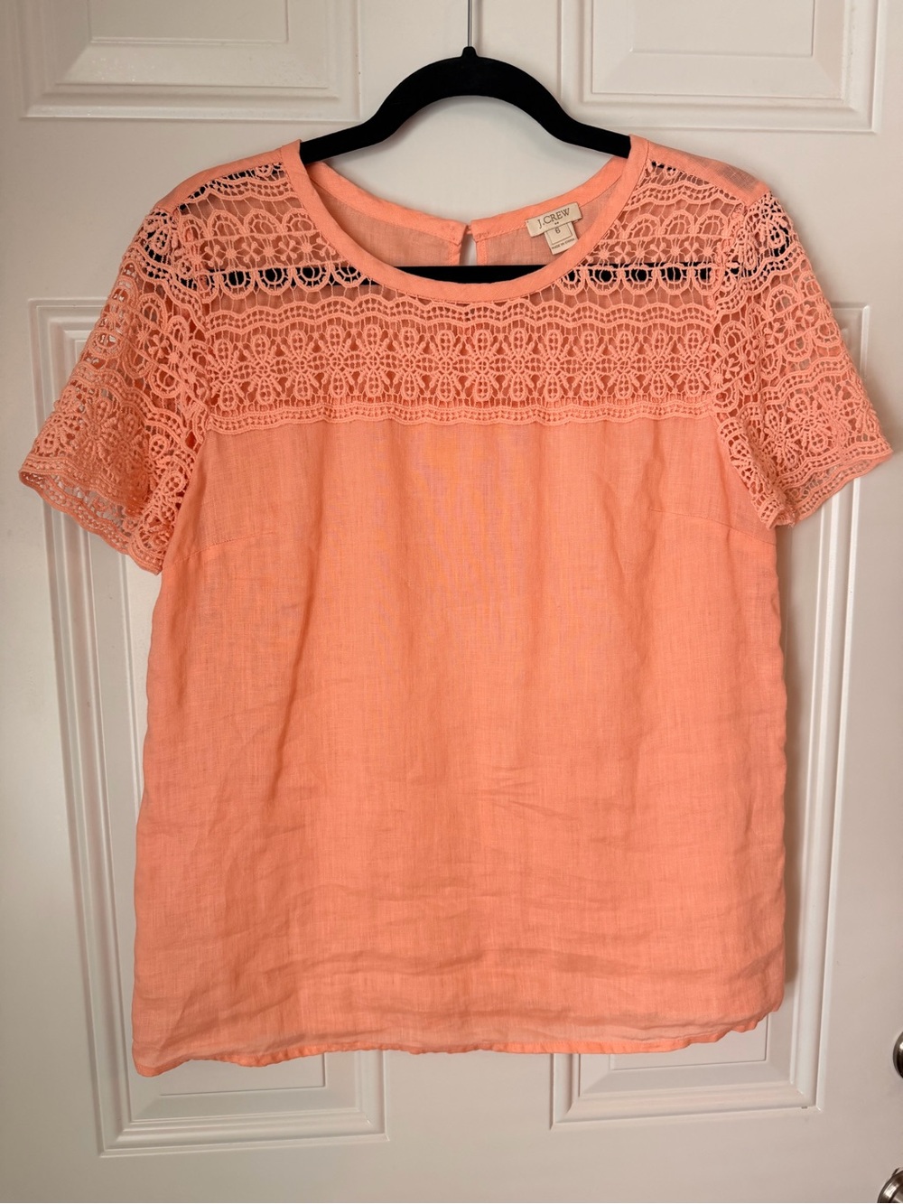 J. Crew Coral Lace-Yoke Linen Top